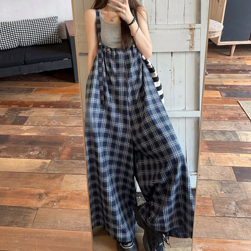 サロペットパンツ チェック柄 オーバーオール オールインワン ジャンプ