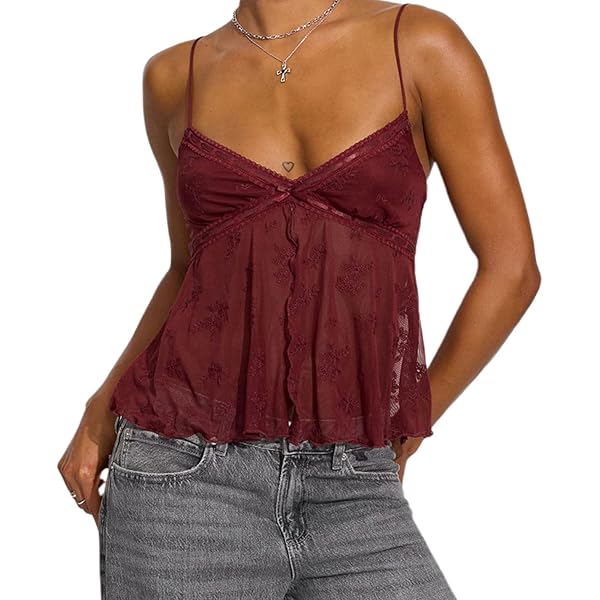 Women Split Front Lace Cami Tops Mesh Floral Print Spaghetti Strap