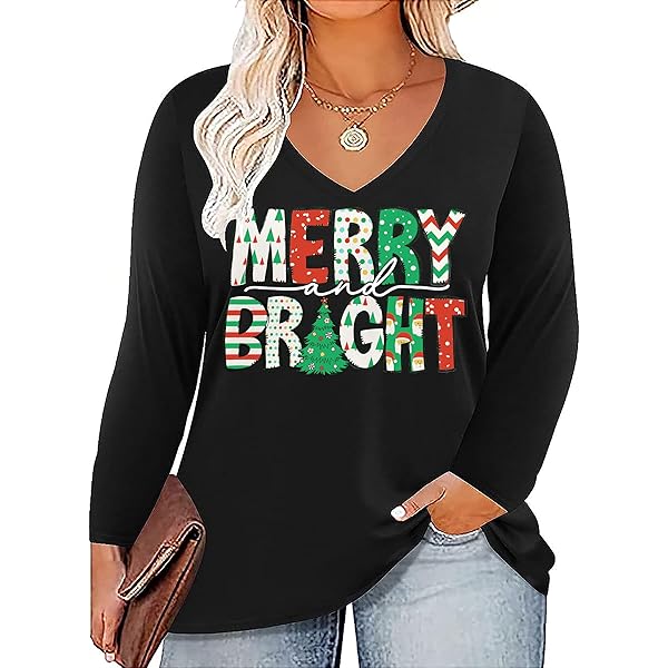 Plus Size Christmas Shirt Women Merry and Bright Christmas T Shirt