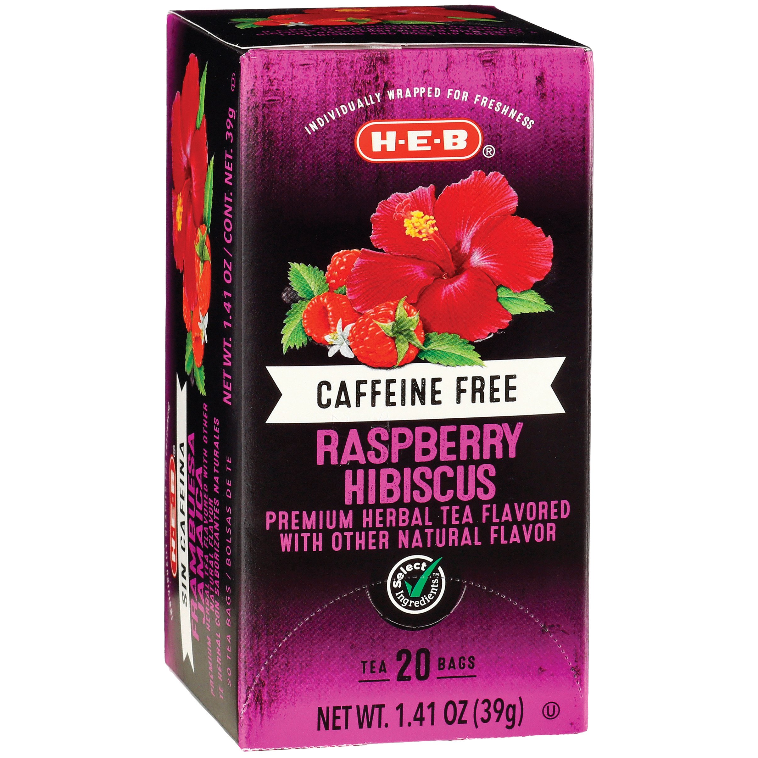 H-E-B Caffeine-Free Raspberry Hibiscus Herbal Tea Bags, 20 ct