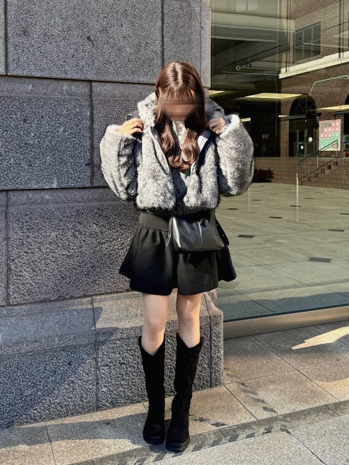 セール】ミックスファーショートコート / ダブルジップ スタンドカラー