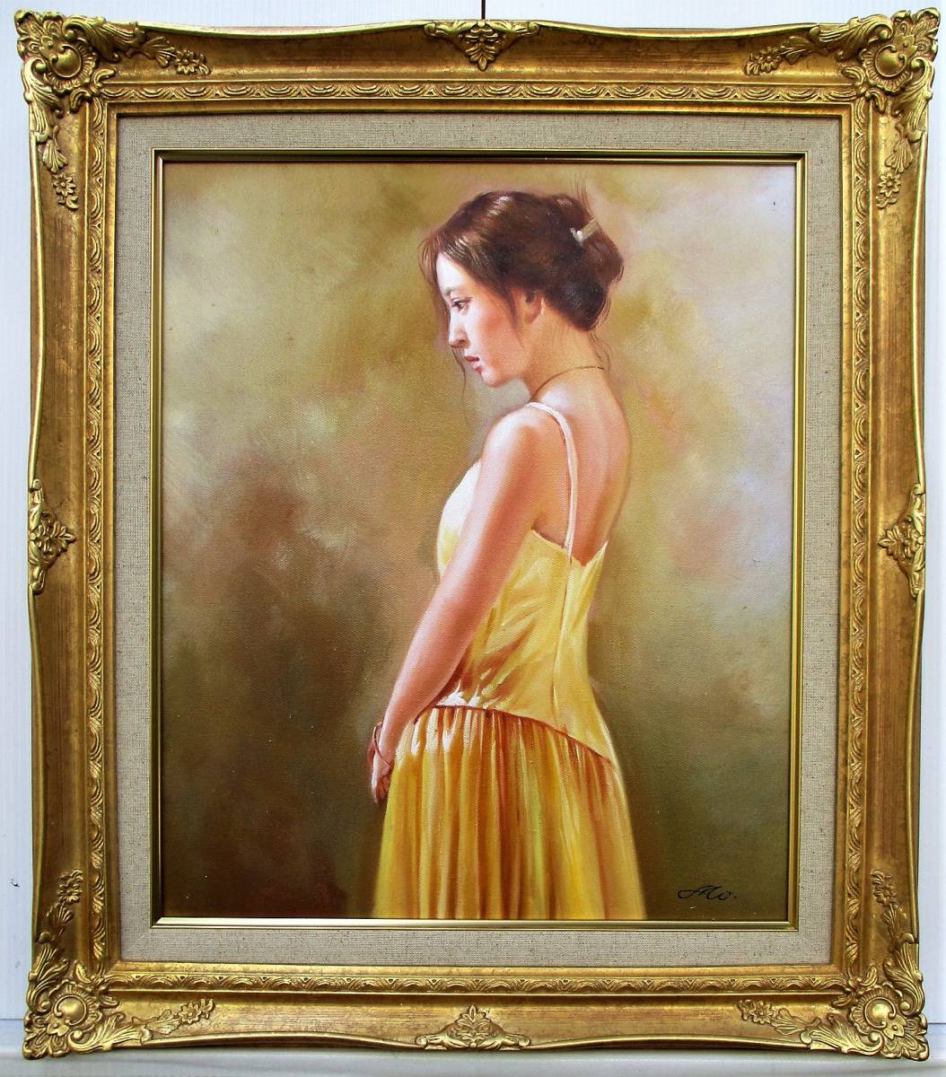 絵画インテリア 額付( 青緑＋金色の枠) 油絵 F4-080614 人物 女性像