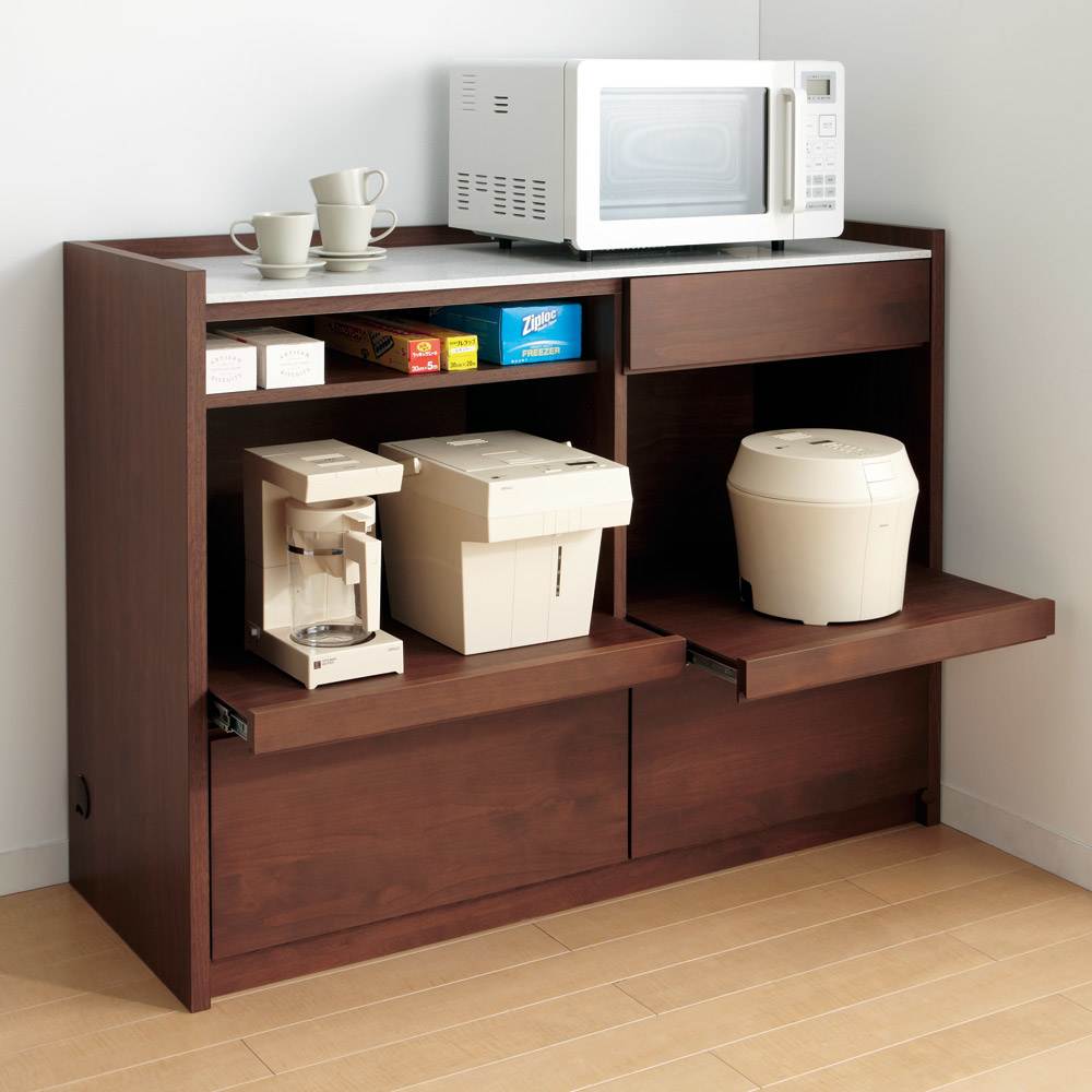 アルダー天然木人工大理石トップ 間仕切り家電収納キッチンカウンター