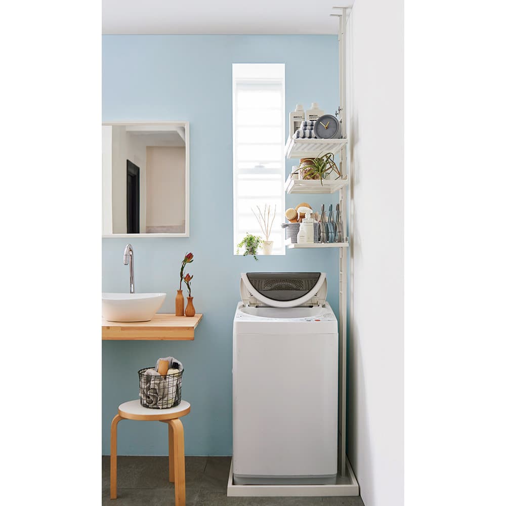 1本脚ですっきり置けるモダンランドリーラック 棚2段バスケット2個 幅