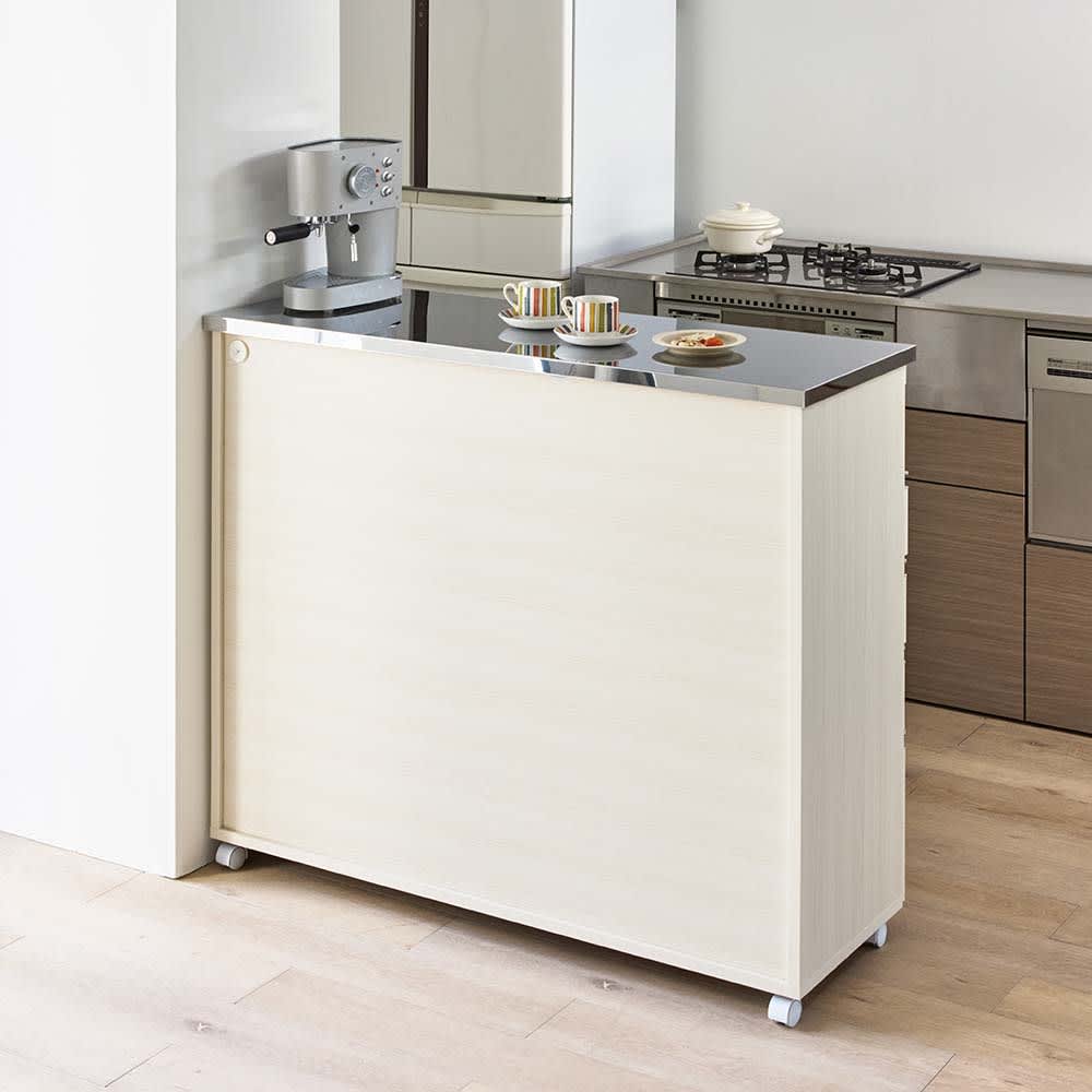 移動できる光沢ステンレス天板キッチンカウンター 幅120.5cm 5段・高さ