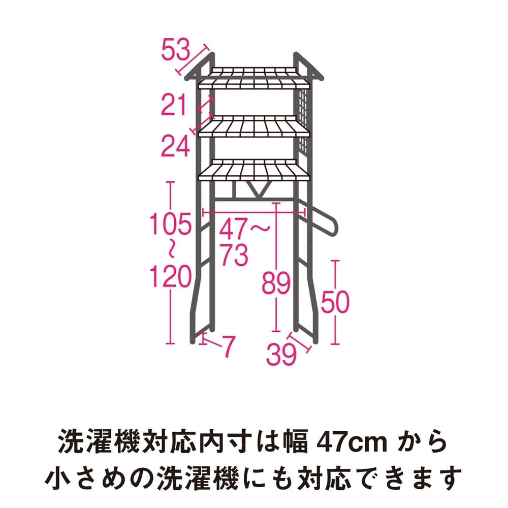 驚きのパイプ幅1.2cm すき間に収まるランドリーラック 棚3段 通販