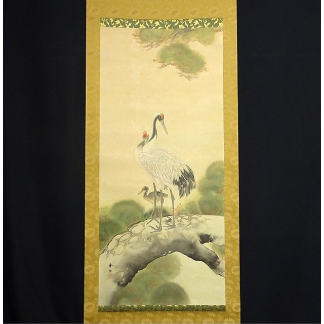 掛軸 佐久間『桜花武士図』日本画 絹本 共箱付 掛け軸 R03182 掛軸