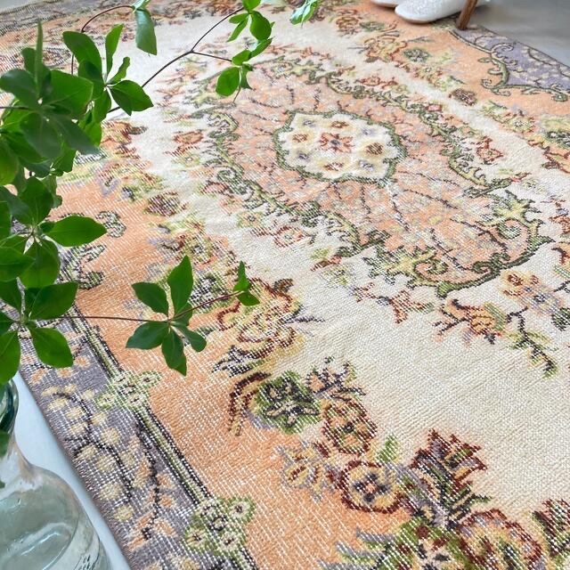 くすみオレンジ41×70 メダリオンくすみグリーントルコヴィンテージラグ