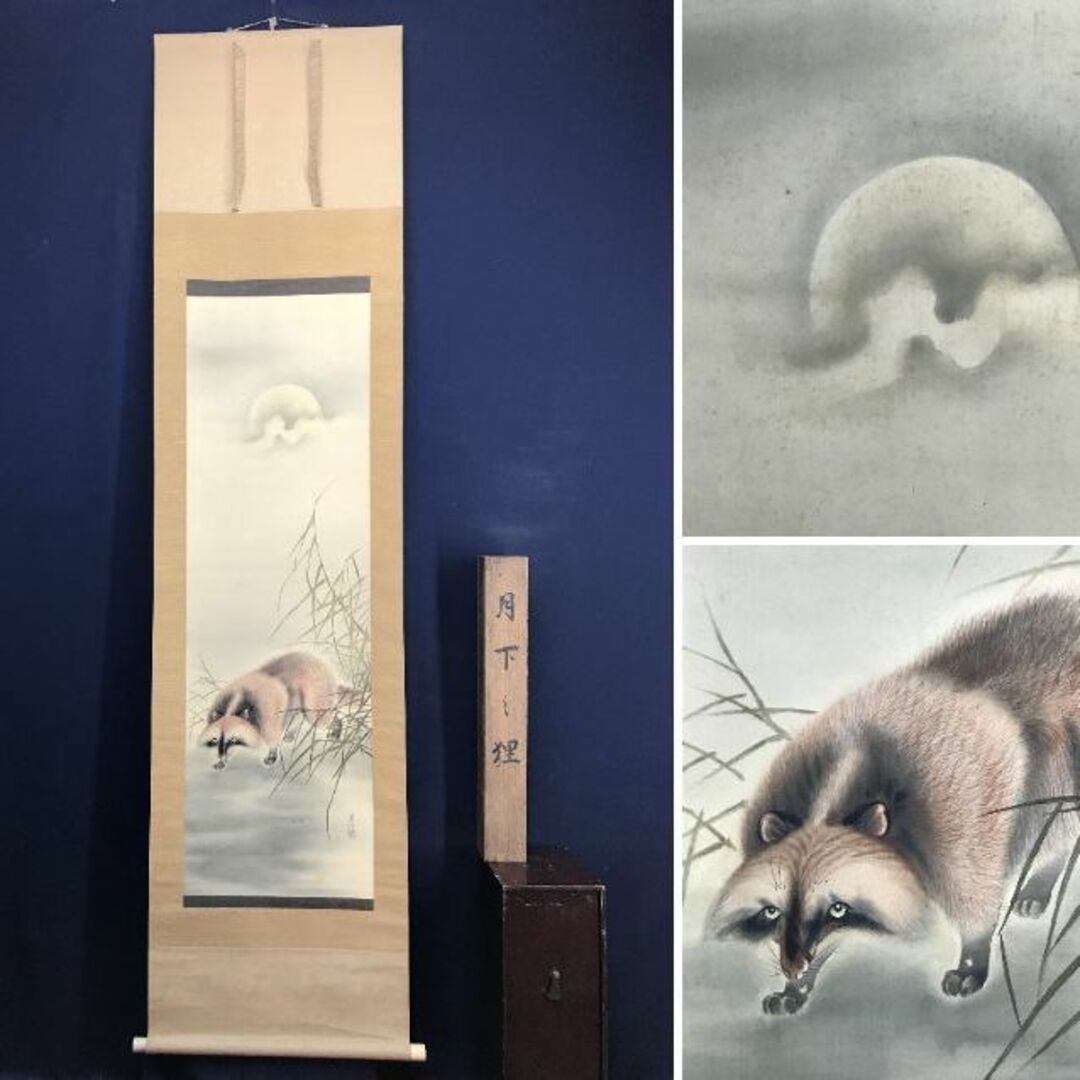 真作】清/月下狸図/タヌキ図/狸図/花鳥図/掛軸☆宝船☆AD-14の通販 by