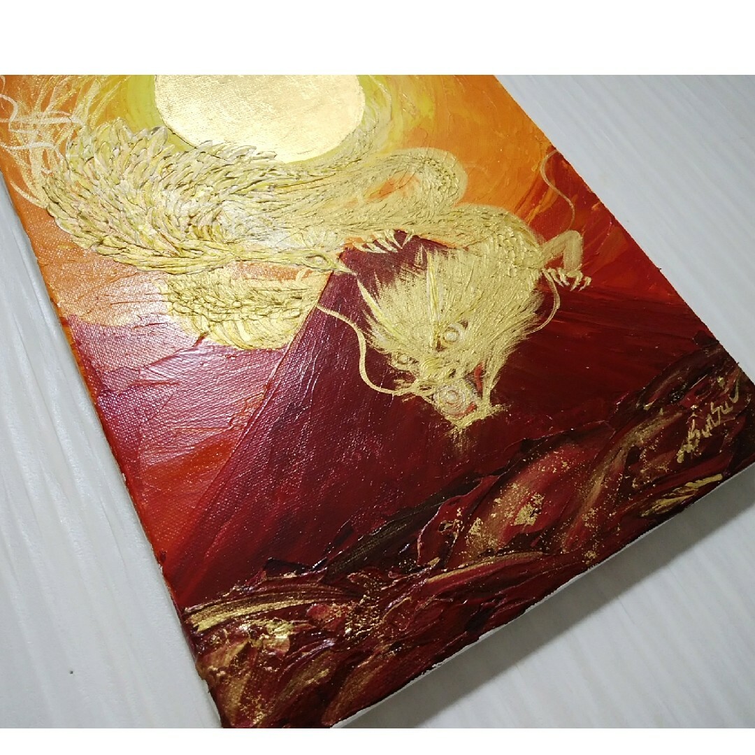 風水最強開運絵画＊金陽赤富士～光皇后鳳凰と金龍帝王龍神降臨～金箔金