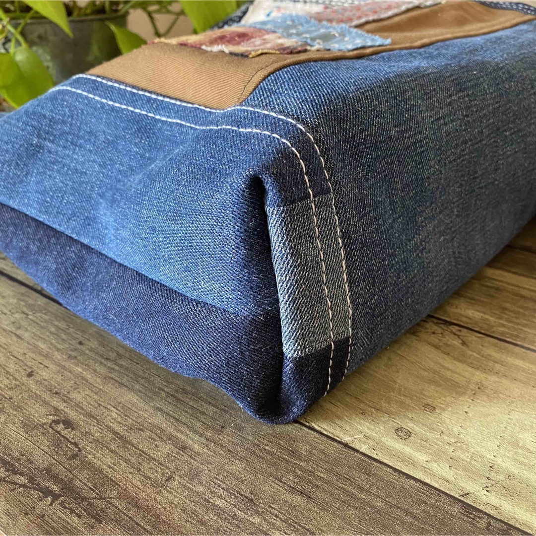 ハンドメイド デニム リメイク トートバッグ 襤褸 藍染 古布 刺し子 ね