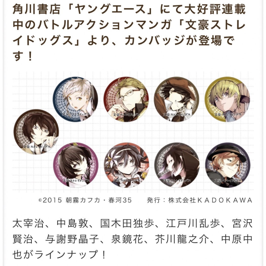 文豪ストレイドッグス【2015年】原作絵 缶バッジ 泉鏡花⭐️レア、新品