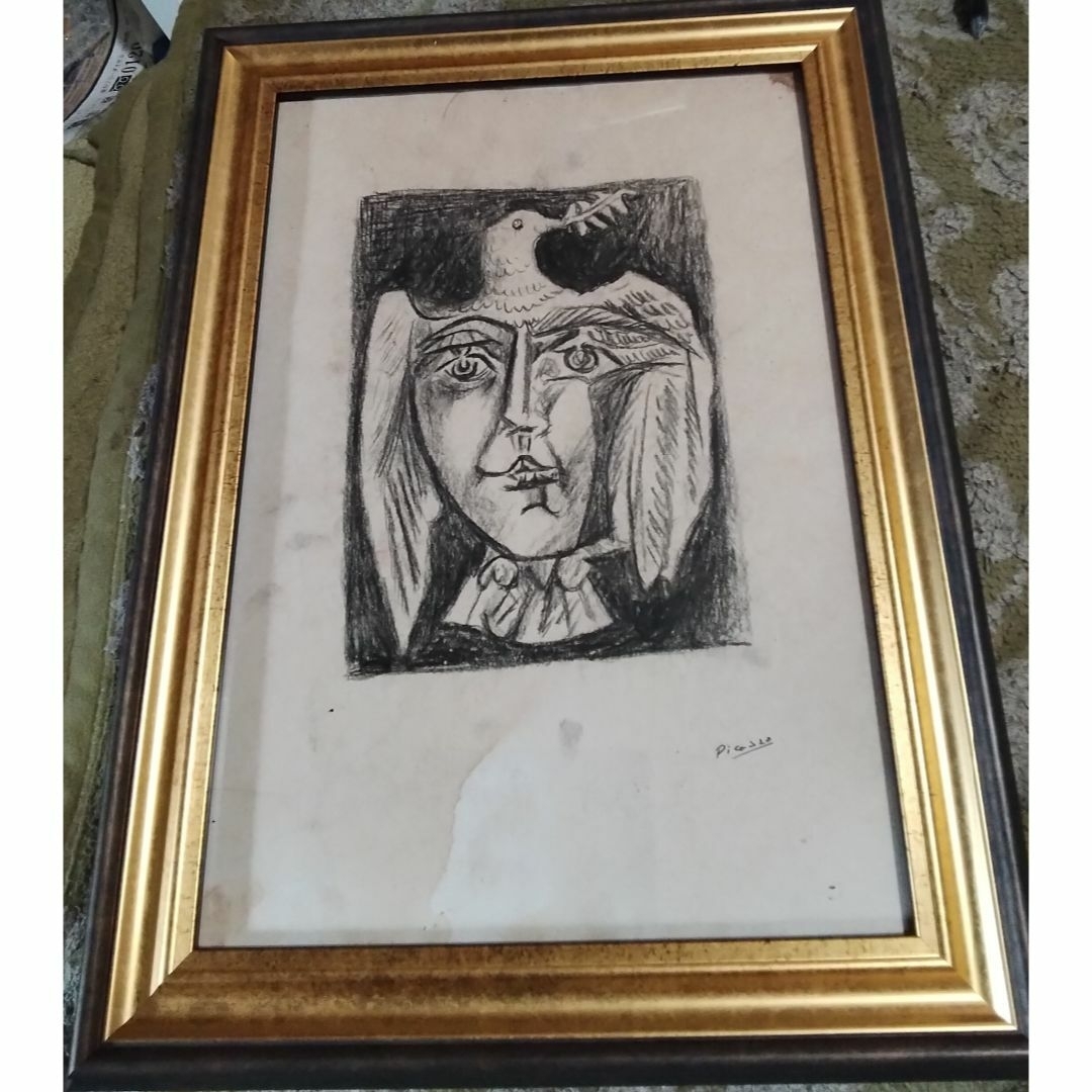 ピカソ人の顔と鳩 リトグラフの原画の一枚肉筆鉛筆木炭19✕14センチの