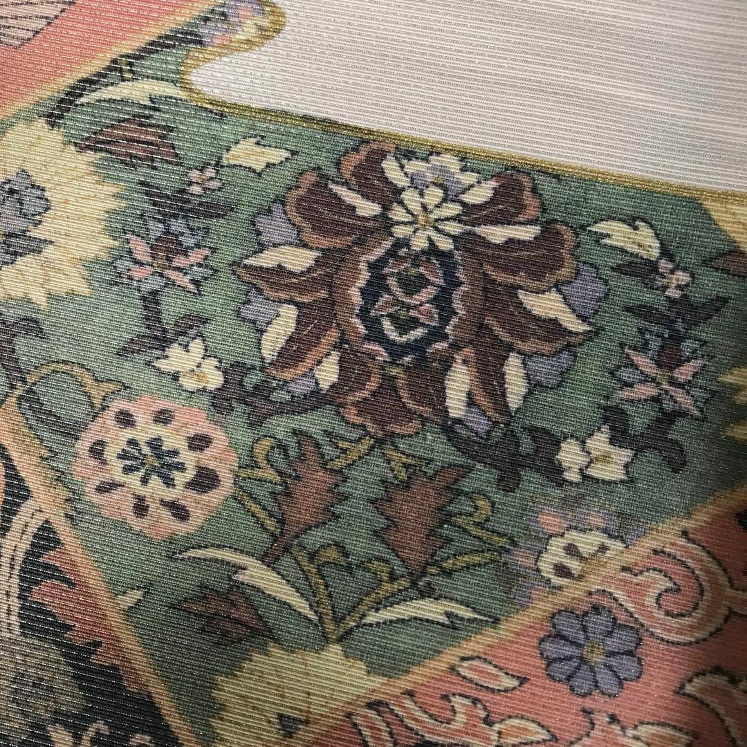 FF-192 袋帯 銀通し 正絹 太鼓柄 オリエンタル ボタニカル 美品の通販