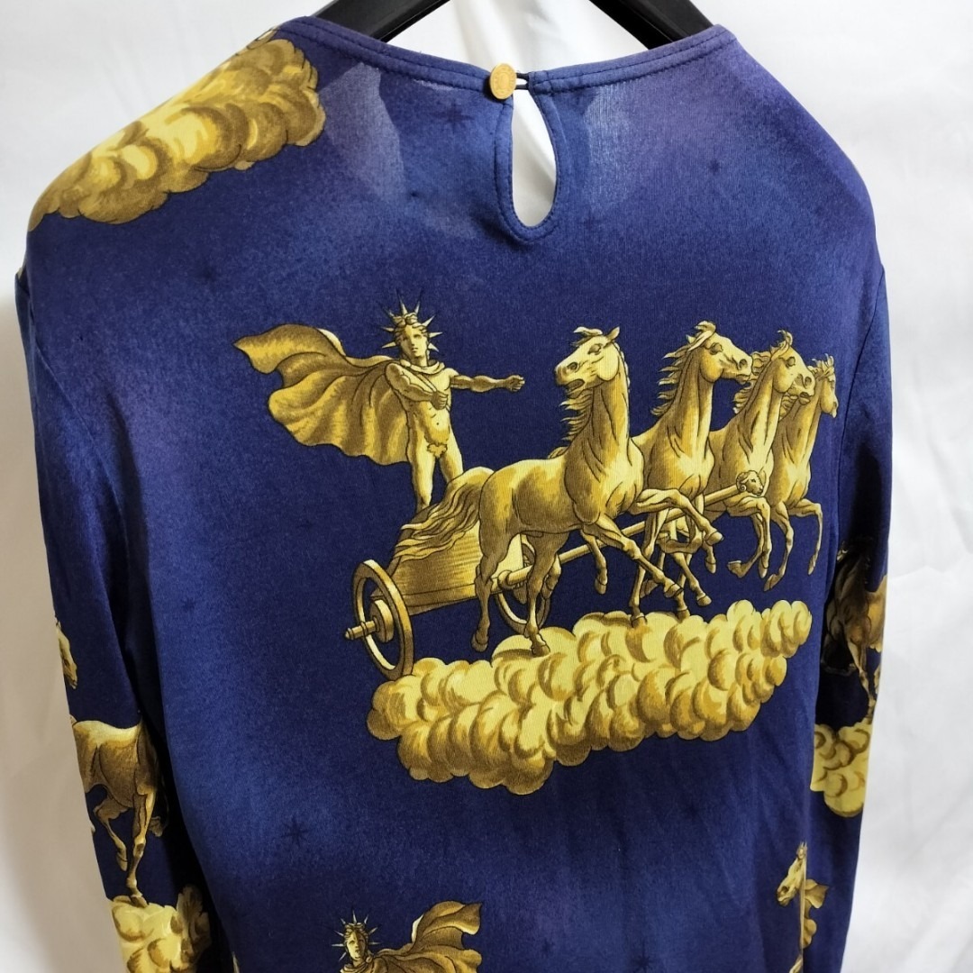 エルメス Hermes 長袖カットソー 馬車柄×青/ブルー シルク100%