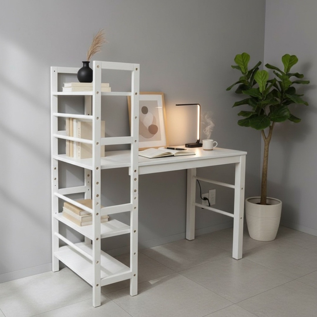 新品】ラック付きデスク 可動式棚 幅105cm 収納 多用途 ホワイト