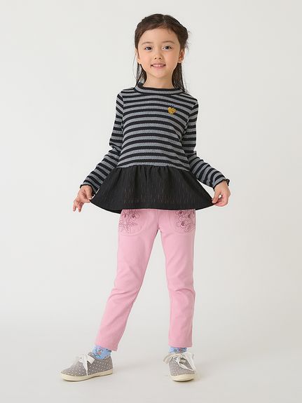 フラワー刺繍ストレッチカットツイルスリムパンツ（ストレートパンツ