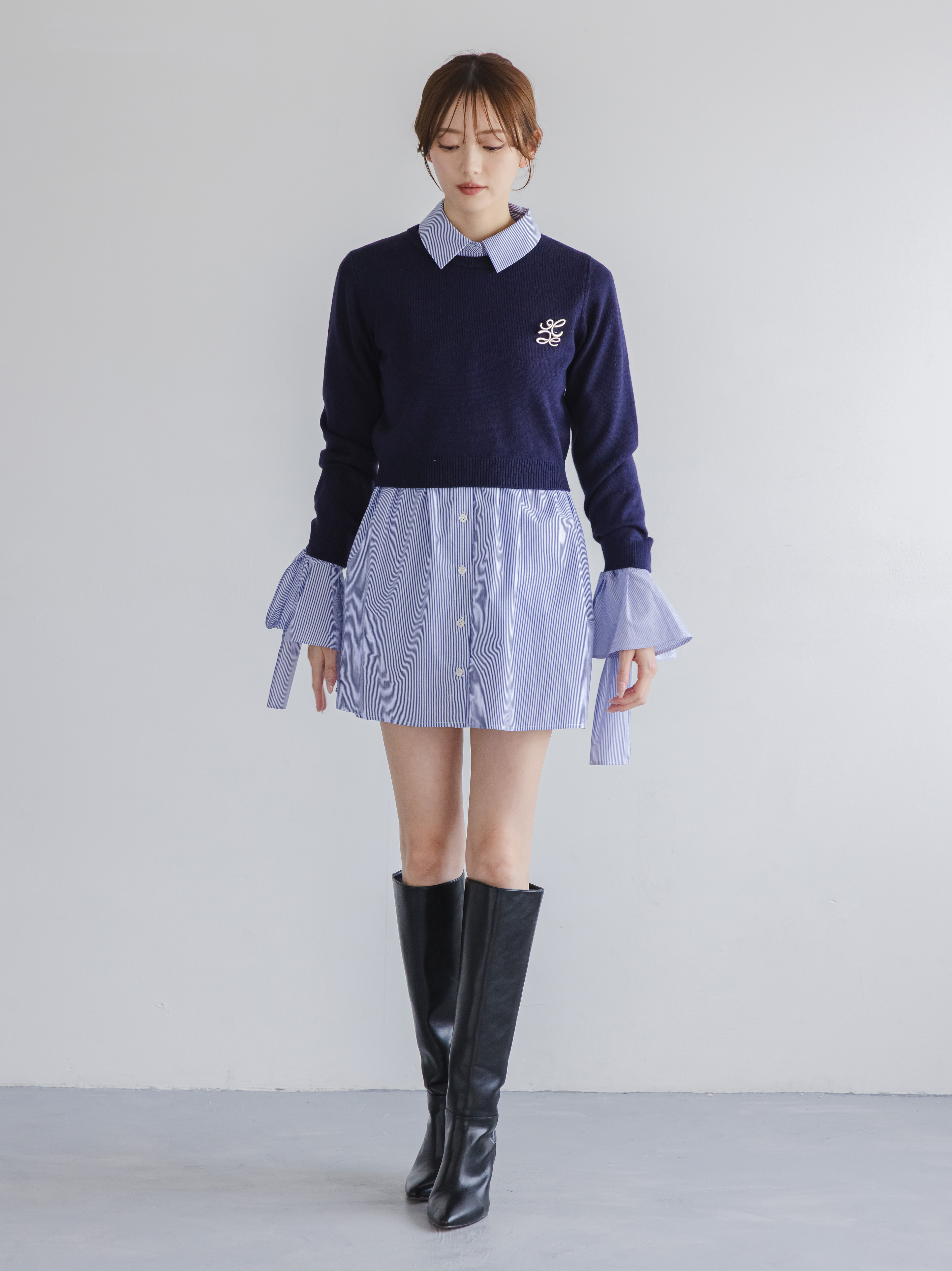 ニットセットブローチ付きミニシャツワンピース(ミニワンピース