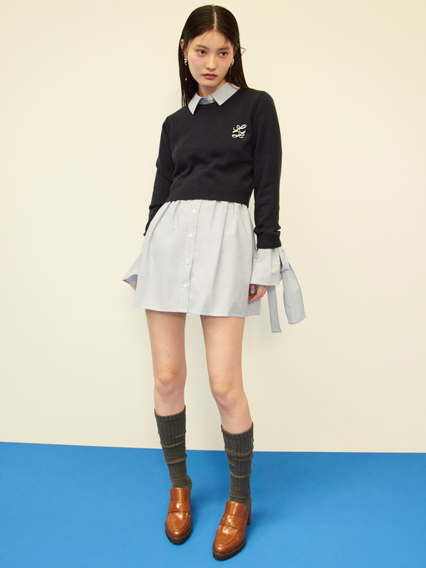 ニットセットブローチ付きミニシャツワンピース(ミニワンピース