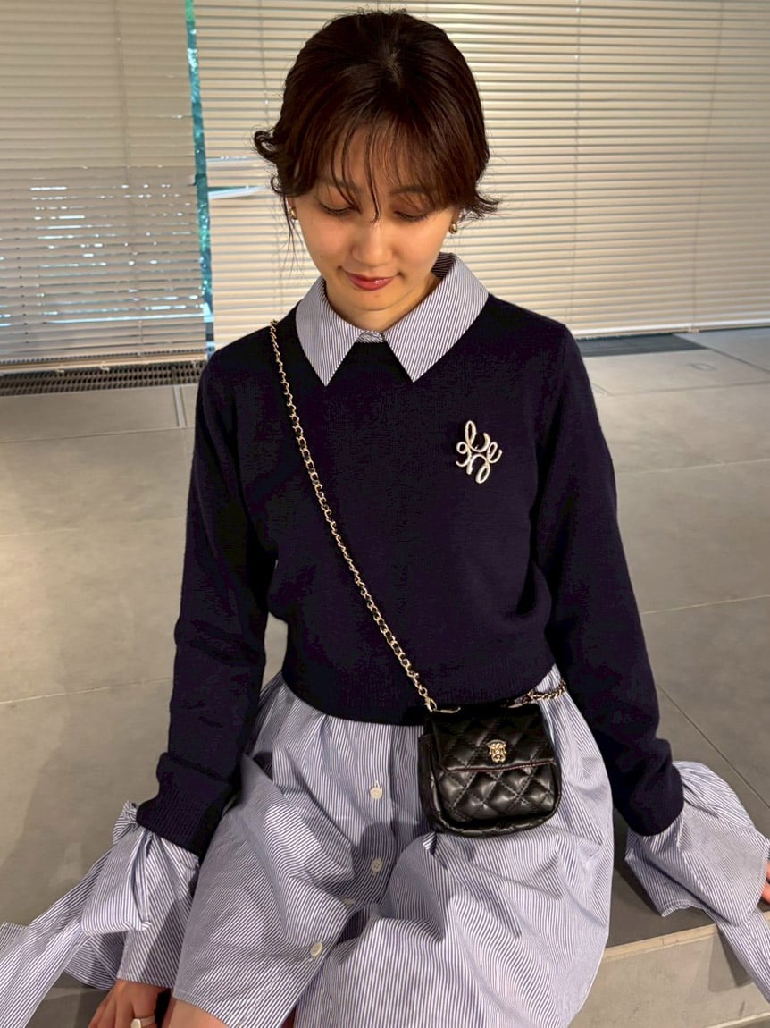 ニットセットブローチ付きミニシャツワンピース(ミニワンピース