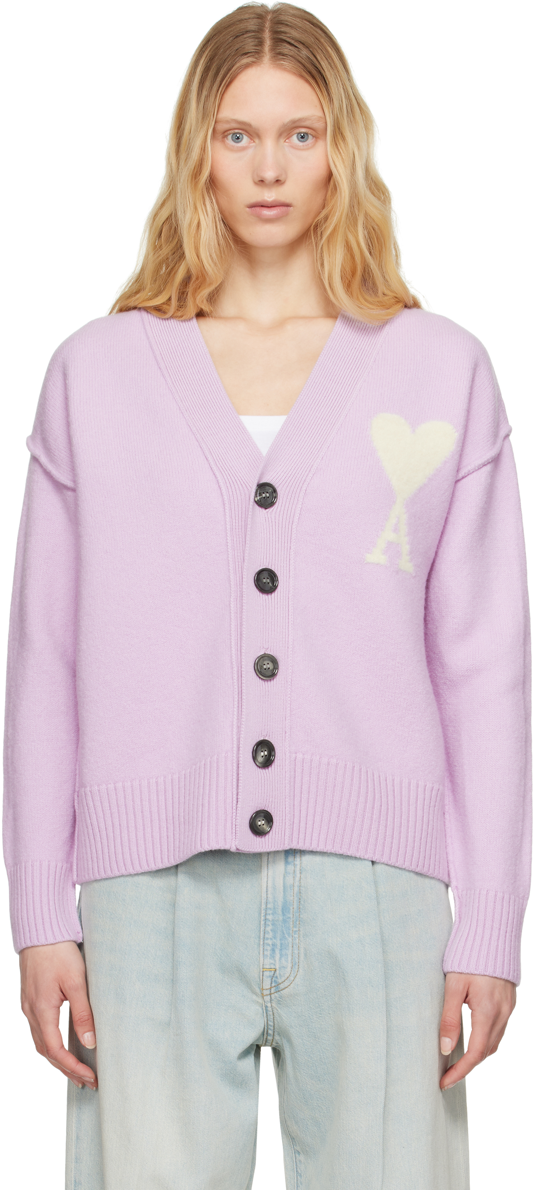 Purple Wool Ami de Coeur Cardigan by AMI Paris on Sale