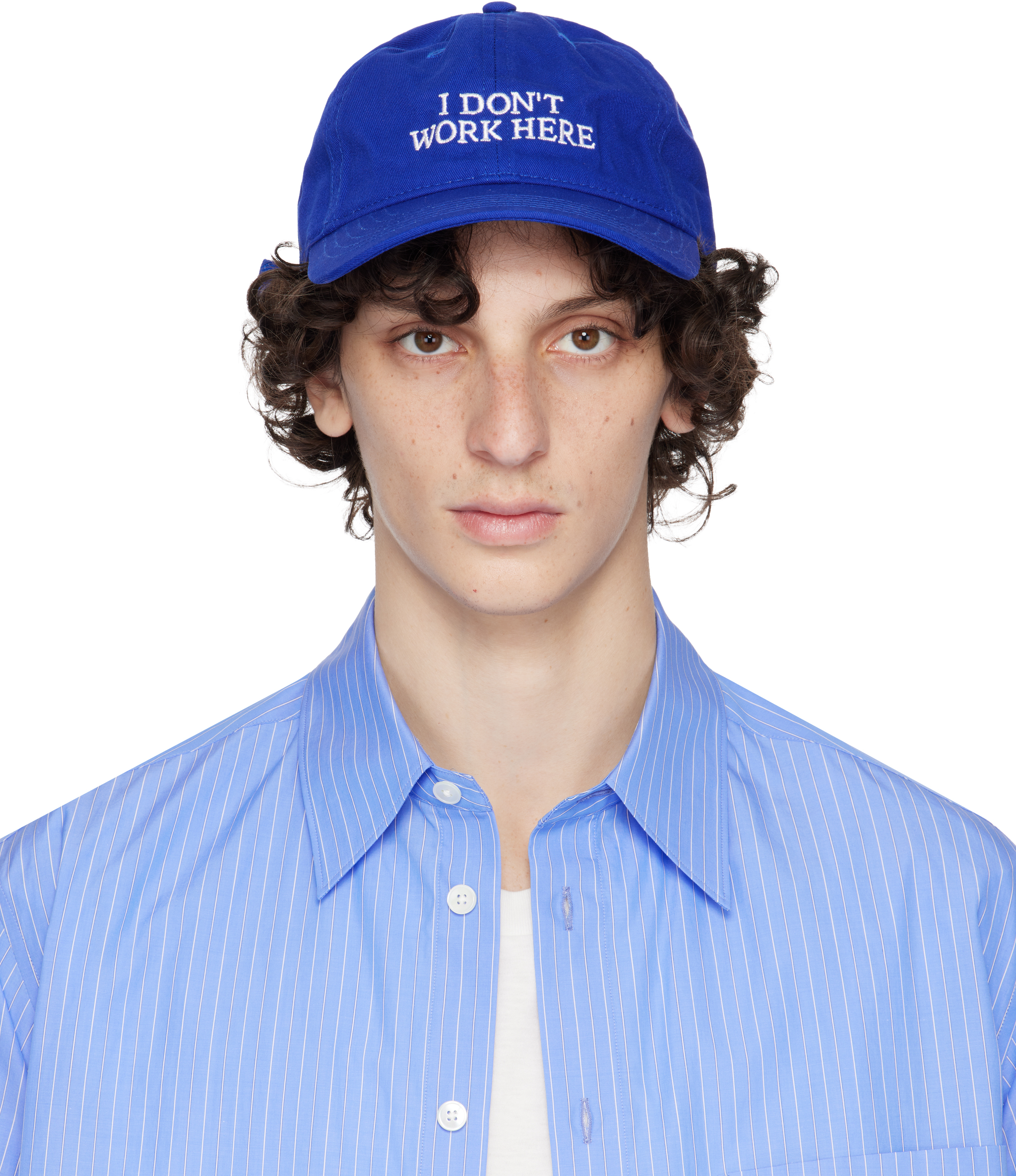 Blue 'I DON'T WORK HERE' Cap by IDEA | SSENSE