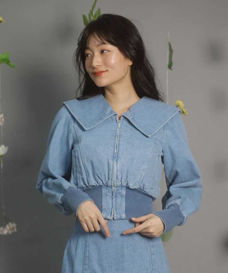 dazzlin 襟付きデニムショートzipブルゾン/Green Parks（グリーン