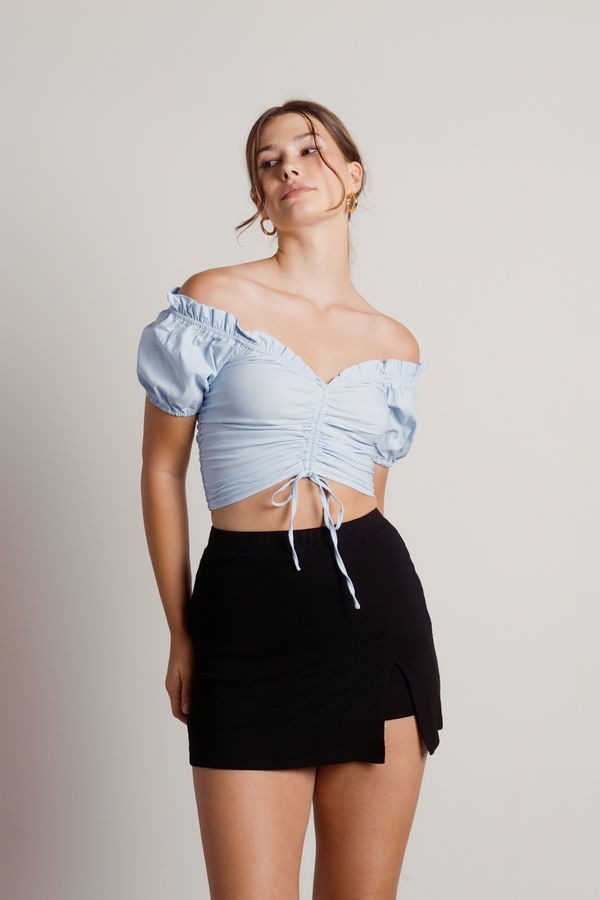 White Crop Top - Off Shoulder Ruched Front Tie Crop Tob - Short