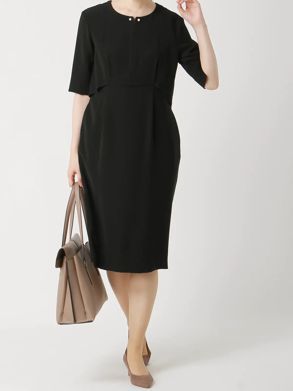 ワンピース／5分袖／ウォッシャブル／ストレッチ／ダブルサテン／無地