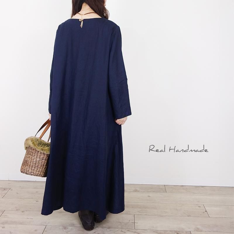 ネイビーリネン|フラップポケットマキシワンピース - REAL HANDMADE