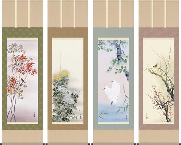 掛け軸-四季花鳥揃（四季揃）／長江 桂舟（尺五）花鳥画掛軸 - 掛け軸