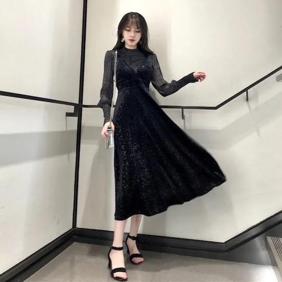 シアーミックス ロング丈バルーンスリーブ長袖ワンピース オケージョン