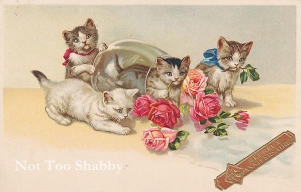 アンティーク ポストカード 猫たちとピンクの薔薇 ガラスの花瓶