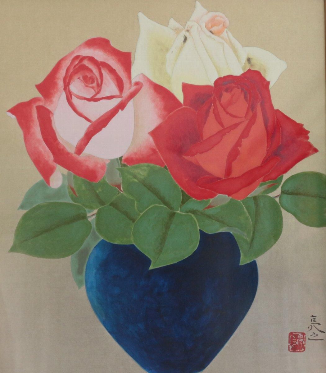 日本画 長井亮之 「薔薇(色紙額)」 商品番号30051618 - 絵のある暮らし