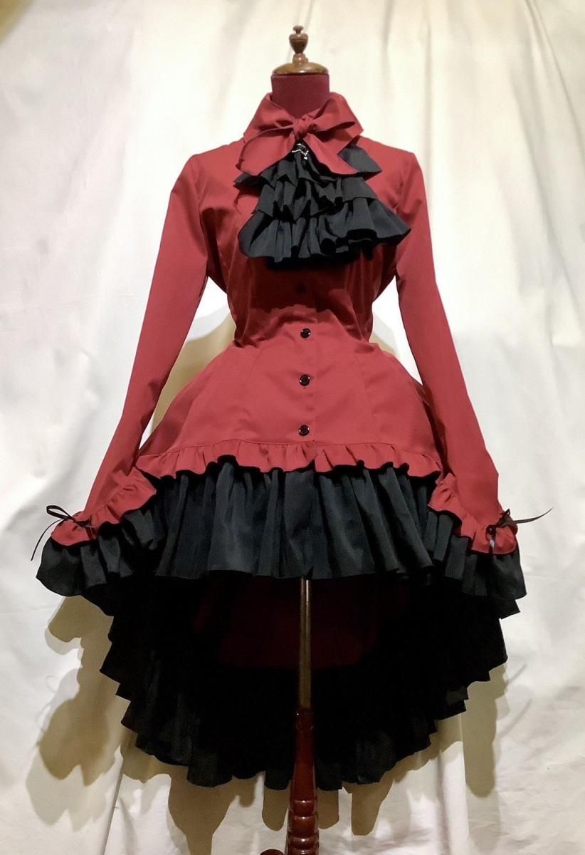 ◇受注商品◇ゴシック調ダイヤカットタイ付きブラウス型ワンピース：赤