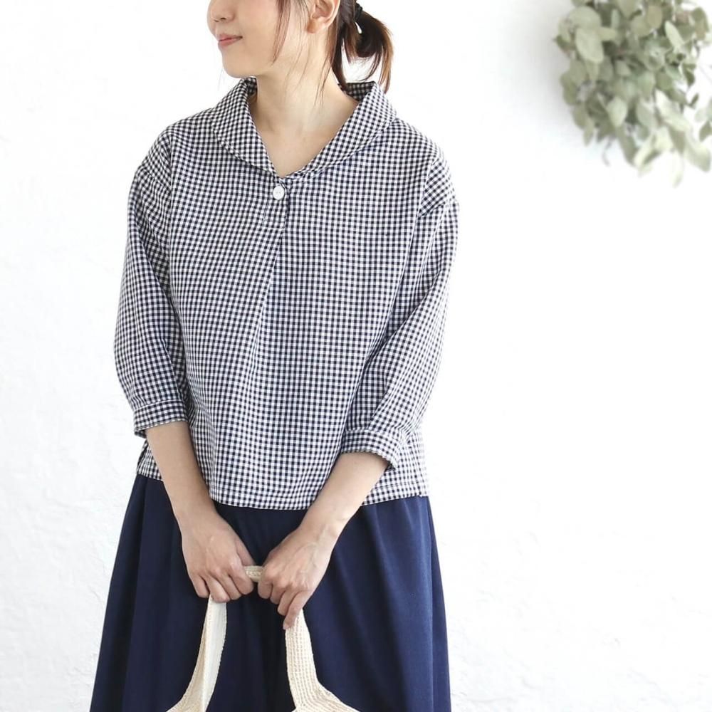 春夏秋に大活躍＊リネン ショールカラー 七分袖プルオーバーブラウス