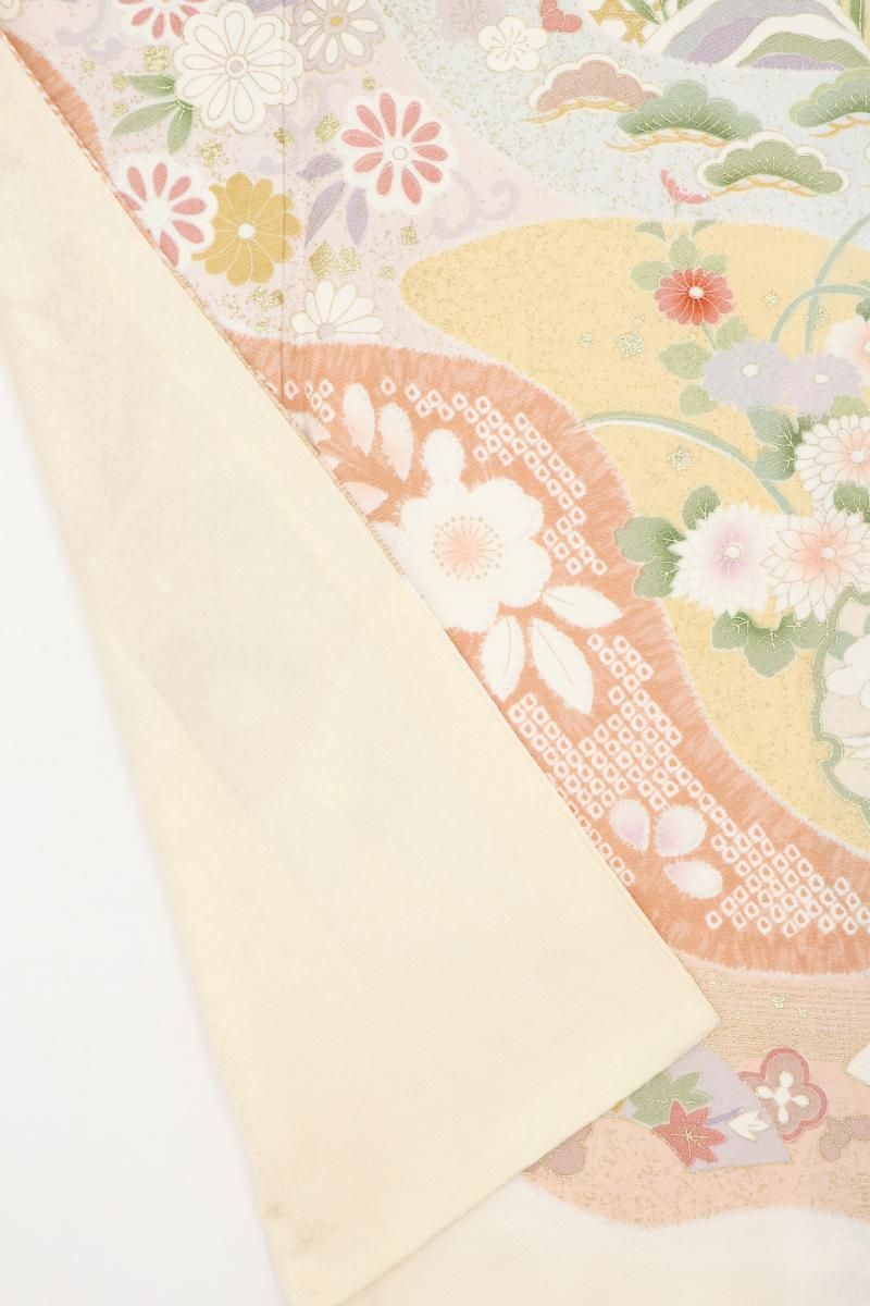 銀座【B-4235】訪問着 薄香色 道長取りに御所車や四季花など :身丈