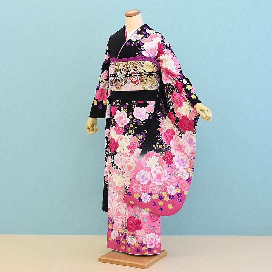 成人式振袖レンタル（FS0330）黒×ピンク/バラ・モダン - 東京レンタル