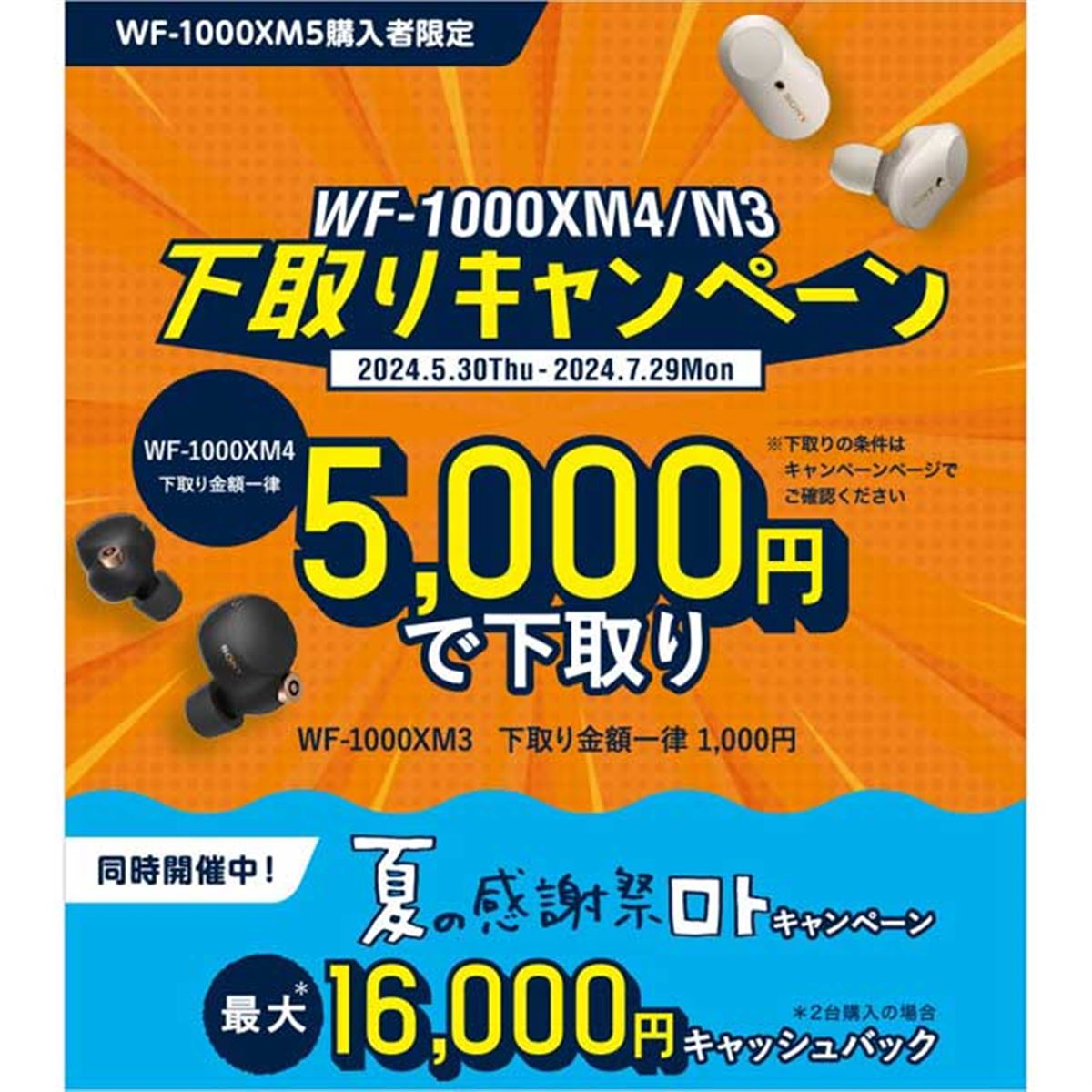 対象モデルを最大5,000円で下取り、ソニー「WF-1000XM5」購入