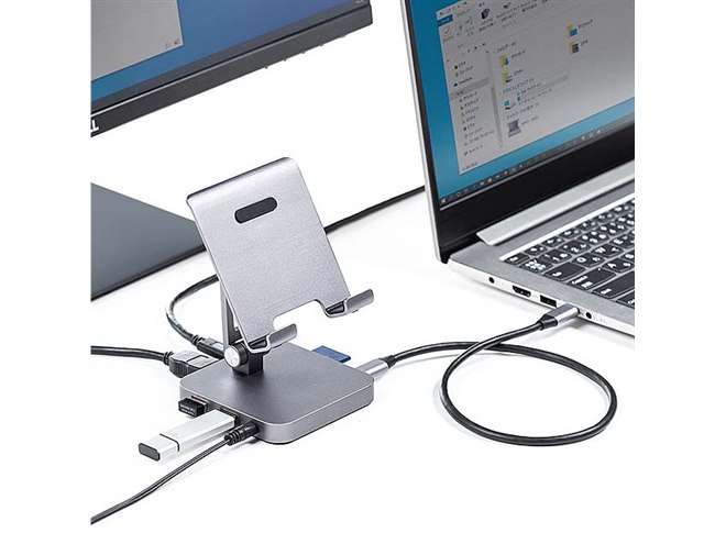 サンワ、スタンド機能付きUSB Type-Cドッキングハブ「400-HUB088GM