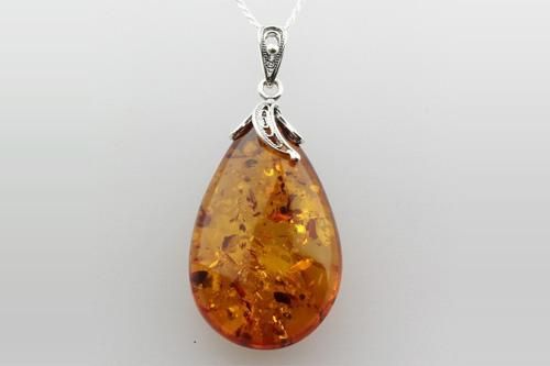 琥珀＆シルバー ペンダントトップ ドロップ 特大 【コニャック