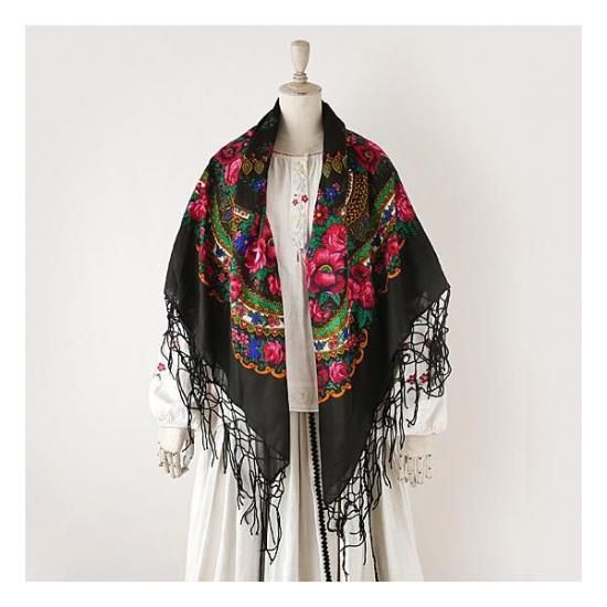 S0027 1960年代 USSR製ブラックウールフォークロア花柄大判ストール