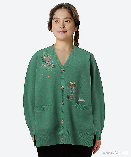 ソフトウールうさぎと花刺繍ロングニットカーディガン