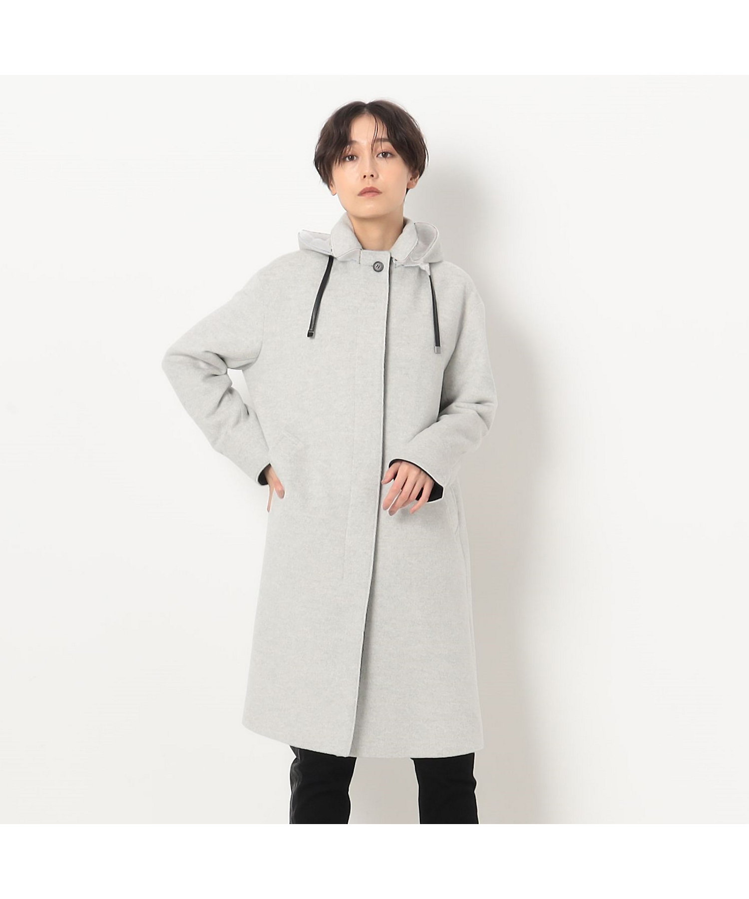 アンゴラウール デザインフード付スタンドステンカラーコート
