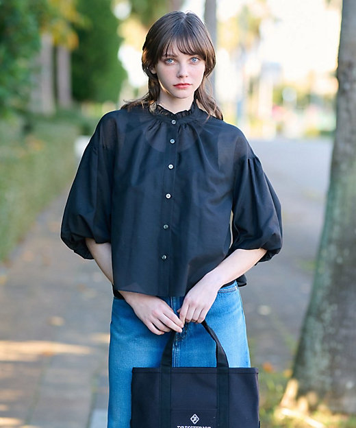 洗える】スタンドフリルボリュームスリーブブラウス