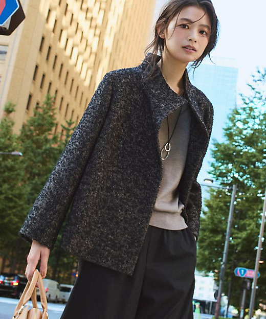 エレガント／ミディアウター】ミックスヘリンボンコート