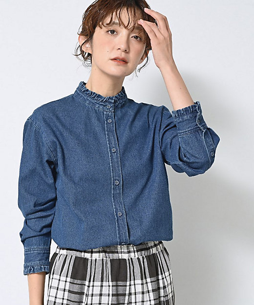 洗える】フリルデニムシャツ（2002531410） | Dessin (Women