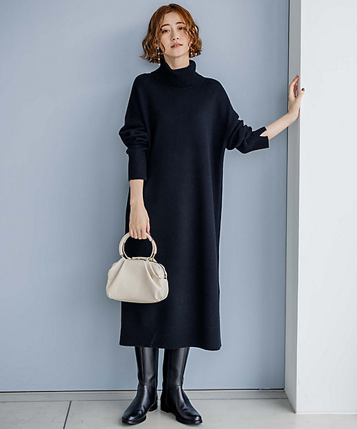洗える】ウール タートルネック ニットワンピース