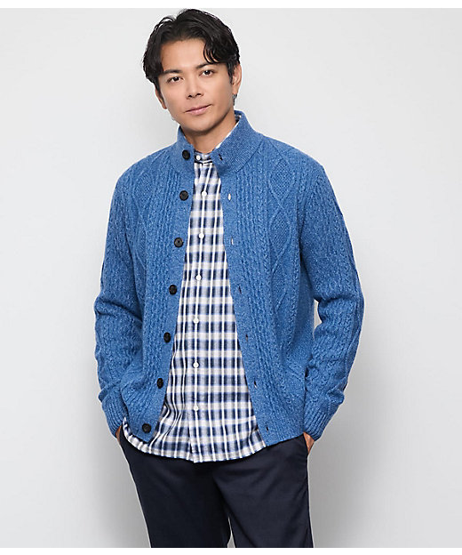 カシミヤ混 ケーブル スタンドカラーカーディガン