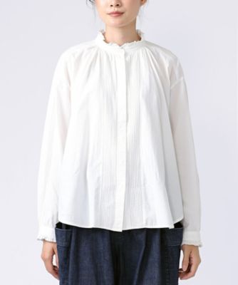 シェリー・E コットンの立ち襟ギャザーブラウス 白 1328053ー